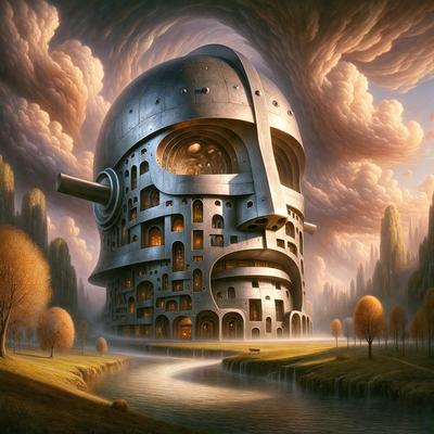 The primary subject of the image is a large, intricate building with a clock tower and a giant face on the side. The building is made of metal and has a futuristic appearance. The setting is a grassy area with a river nearby. The visual style is a combination of digital art and illustration, creating a unique and captivating scene. The dominant colors are silver and blue, giving the building a sleek and modern look. The overall atmosphere is one of wonder and curiosity, as the viewer is drawn to the unusual
